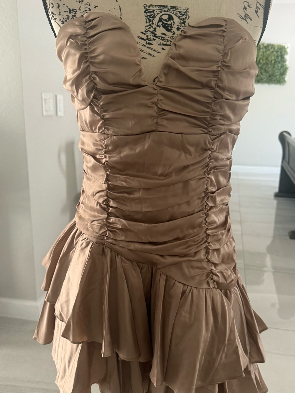 DO+BE Taupe Ruched Strapless Satin Tiered Dress